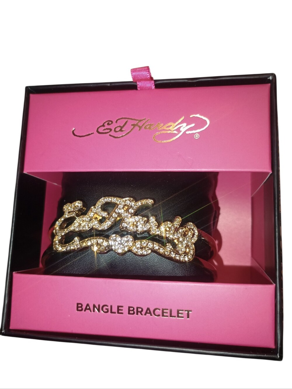 Ed Hardy Gold Crystal Script Bangle Bracelet with Clear Stones, NWT